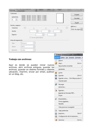 Trabajo con archivos:
Aquí es donde se pueden iniciar nuevos
archivos, abrir archivos antiguos, guardar los
archivos, guardar en distinto formato y distinta
ubicación, imprimir, enviar por email, publicar
en un blog, etc.

 