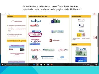 Accedemos a la base de datos Cinahl mediante el
apartado base de datos de la página de la biblioteca:
 
