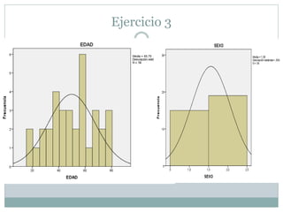 Ejercicio 3
 3. Mediante software estadístico, representa gráficamente la distribución
de cada una de las variables (Cuelga un pantallazo del resultado)
 