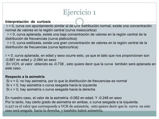 Ejercicio 1
Interpretación de curtosis
τ = 0, curva con apuntamiento similar al de una distribución normal, existe una concentración
normal de valores en la región central (curva mesocúrtica)
τ < 0, curva aplanada, existe una baja concentración de valores en la región central de la
distribución de frecuencias (curva platicúrtica)
τ > 0, curva estilizada, existe una gran concentración de valores en la región central de la
distribución de frecuencias (curva leptocúrtica)
τ < 0, curva aplanada, en edad ocurre esto, ya que el dato que nos proporcionan son -
0.881 en edad
En VCH, el valor obtenido es -0.738 , esto quiere decir que la curva también será aplanada en
este caso.
Respecto a la asimetría
Si v = 0, no hay asimetría, por lo que la distribución de frecuencias es normal
Si v < 0, hay asimetría o curva sesgada hacia la izquierda
Si v > 0, hay asimetría o curva sesgada hacia la derecha
En nuestro caso, el valor de la asimetría -0.062 en edad. Por lo tanto, hay cierto grado de
asimetría, o curva sesgada a la izquierda.
0.227 es el valor que corresponde a VCH de asimetría, esto quiere decir que la curva en este
caso será sesgada hacia la derecha, y también habrá asimetría.
 