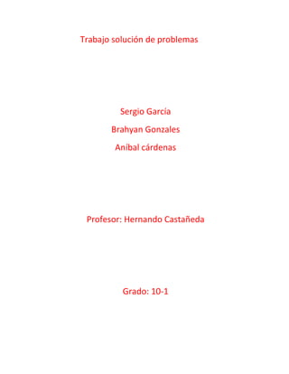                                   Trabajo solución de problemas<br /> Sergio García<br /> Brahyan Gonzales<br /> Aníbal cárdenas<br /> Profesor: Hernando Castañeda<br /> Grado: 10-1<br />Errores de usuarioCuentas deusuarioCuando al abrir Windows media Player ocurre que hay un error interno de aplicación, cuando se accede al panel de control y se quiere ver las cuentas de usuario se abren ventanas que no le has dado la orden de abrir ni aparecen la cuenta ni las opciones requeridas.Cuando hay dos cuentas de usuario y si tienes un daño en tu ordenador puede ocurrir la desaparición de la cuenta del administrador.Cuando el equipo en el que se está trabajando puede ocurrir un error o fallo en las cuentas puede llegar a que la cuenta sea removida del lugar de uso.<br />Contraseña ERROR DE INTALACION INF CAUSA ACCESO DENEGADO es un error de contraseña muy usual en la que los ordenadores que han sido formateado de forma incorrecta por la causa de ausencia de estado de contraseña.Cuando al entrar al perfil del equipo de trabajo e intenta ingresar la contraseña le sale un aviso de error es porque no se a instalado adecuadamente un programa.Cuando al iniciar sesión puede ocurrir problemas en el encendimiento del PC y puede ocurrir un problema que al intentar ingresar la contraseña se la rechace o se puede reiniciar el ordenador.<br /> Inicio de sesiónUno de los errores es cuando se trata de iniciar sesión a los pocos segundos el ordenador se cierra la sesión de nuevo y sale la misma pantalla para con el cuadro de dialogo para logearte es  decir se a reparado.Cuando al acceder al menú de inicio, cuando se trabaja en la red y se necesita ingresar la dirección IP en inicio ejecutar y se abre una pantalla que pide usuario y contraseña y luego no sale debido a que se le marco la casilla de recordar contraseña.Hay casos que al instalar el Internet la computadora no conecta y luego inicia con errores y aunque se desconecte el MODEM el PC sigue en falla.<br />Errores de conexión de         redAccesoCuando se trabaja con red wifi y tiene conectada 2 PC a la misma red y al intentar conectar un tercer PC puede que puedan ocurrir errores al intento de conexión por causa de un fallo de red.Cuando se intenta crear una conexión de acceso telefónico pueden haber muchos fallos en el PC, Se pueden hacer lo pasos indicados pero el problema puede seguir por causa de fallos en programas del ordenadorLos problemas de conectividad de red tienen distintas causas pero normalmente se deben a adaptadores de red incorrectos, a una incorrecta configuración de los modificadores, a un hardware defectuoso o a problemas del controlador. Algunos síntomas de los problemas de conectividad son intermitentes, por lo que no parecen señalar claramente a una de estas causas.0<br />  DireccionamientoÚltimamente cuando se abre un artículo de diario de revista etc., cuando se está jugando en la Web, salen distintas notas como errores de sintaxis, o Null.Siempre que al iniciar le aparecen un error  que dice que el programa CTMFon, o algo así también cuando se quiere abrir un programa en especial la maquina ya inicia un estado de errores automáticos.  Cuan la PC envía a la pantalla unos tipos de anuncios de errores que dicen no enviar en los programas  que se estén usando el sistema operativo de la computadora  automáticamente serrara dichos programas.<br />Compartir otros   recursosCuando un PC esta conectado con un router inalámbrico se intenta configurar el sistema  de red y luego no se presenta ninguna opción de compartir recursos  e informaciones  es porque el ordenador esta presentando un fallo en algunos programas del ordenador.Hay algunos errores de intercambio de recursos cuando hay conectado 2 equipos de diferente marca en uno de ellos puede mandar información a otro pero cuando intenta mandar otra información desde el otro ordenador aparecen diferentes ventana con la información que el equipo esta sufriendo daños de transferencia de recursos.Hay ordenadores que están conectados y que operan con el mismo Windows  pero en alguno de ellos surgen errores de conexión y el fallo puede que sea que el dominio no esta incluido e impide que los ordenadores no puedan compartir dichas informaciones.<br />Acceso a otro PCWindows no puede obtener acceso a equipo es uno de los problemas que se les presenta a los computadores cuando tienen errores de configuración de acceso y daños en programas importantes.Un fallo en la IP puede que al intentar manejar otro computador desde el PC del que lo quieres manejar no deje manejarlo por errores de ping IP  y errores en los programas utilizados.Las aplicaciones que no estén actualizadas o programas que mas se utilicen están en desuso puede intervenir el acceso a otra Computadora por errores de síntesis del computador y puede llegar a un fallo mayor del ordenador. <br />Problemas  de hardware<br />            Memorias Una memoria pinchada es aquélla incapaz de conservar los datos que se le mandamos, lo que ocasiona errores de pantalla azul o de congelamiento total del equipo en Windows.También debe saber que si tiene uno o más módulos de memoria conectados a la placa madre, pues tal vez sólo uno de los módulos está fallado y puede probar extrayendo uno de éstos. Por ejemplo, puede tener dos módulos de 512 MB de RAM, haciendo un total de 1 GB de memoria RAM. Puede que esté fallado uno de esos módulos. Si al extraer uno (quedarían 512 MB de RAM en total), el error desaparece, ese es el módulo fallado.<br />Problemas de hardware<br />Disco DuroSi la unidad de disco duro se descompone o si los archivos se dañan o se sobrescriben accidentalmente, es una buena idea contar con una copia de respaldo de los datos de la unidad de disco duro. Están disponibles varios programas de respaldo de uso con cintas, disquetes y aun con los medios desmontables. A menudo, la computadora tendrá una utilidad de respaldo ya instalada.Se incrementa el número de errores y malos sectores. Cuando corres tus programas, puede que veas errores de acceso o de lectura o la pantalla azul de la muerte. O, cuando corres la revisión del disco duro o otras utilidades de disco, reportan errores.Cuando prendes la PC, antes de que comience Windows, te aparece el mensaje Error de lectura de disco<br />            Impresoras-Un problema serian las Líneas blancas verticales bien definidas Una línea blanca bien definida que se extiende en forma vertical a todo lo largo de sus páginas impresas en láser y que no desaparece al agitar el cartucho de tóner.-Áreas espaciadas regularmente. Si las páginas impresas en láser muestran consistentemente una o varias áreas sin imprimir, la causa podría ser una raspadura u otro defecto en el tambor foto receptor, o una acumulación de tóner sobre el rodillo de fundición.-Impresión borrosa. En una impresora láser, los caracteres borrosos son resultado, probablemente, del uso de papel ligeramente húmedo. En una impresora de inyección de tinta, los caracteres borrosos o manchados pueden ser resultado de utilizar varios tipos de papel inapropiados para este tipo de impresión.<br />Problemas de hardware<br />Problemas de hardware<br />             <br />Unidades dedisco duroun problema que cuando conecto mi pendrive aparece en mi PC pero aparece como una carpeta y cuando yo le kiero dar doble click me dice acceso denegadoMi PC a cualquier unidad que haya dentro de esta aparece el siguienteerror:>Elige el programa que desea usar para abrir el siguiente archivo: C:y>debajo muestra la lista de programas.Es cómo si no supiera que programa tiene asociado para abrirlas.<br />