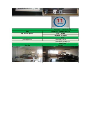 REGISTRO Y CERTIFICACION
      JEFE         ASISTENTE ADMINISTRATIVA
DR. OSCAR TRIANA           JESICA NEIRA
                        08:00am- 05:00pm
                                  POOL
 ANGUE NOVOA             LISETH BOLELLO
                         HORARIOS ROTATIVOS
                                IMÁGENES
    OFICINA                  OFICINA
 