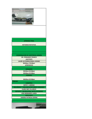 BDIRECCION
                               APRENDIZ POOL

                             HOTARIOS ROTATIVO




ON
                      COORDINACION DE ASISTENCIA ADMON
                            DR. FERNANDO FRANCO
                                   ASISTENTE
                        LAURE GUTIERREZ/ERIKA LOZANO
                              08:00am- 05:00pm
                                  APRENDICES
SIONAL
                                  HORARIOS
                              08:00am-05:00pm
                              08:00am-05:00pm
                                  HORARIO

                              08:00am-05:00pm
LIZACION DE COMPETENCIAS
                                   LOGISTICA
                               EDITH Y. JIMENEZ
                  SEGURIDAD Y VIGILANCIA/RECURSOS HUMANOS
                             CLARA INES VILLAREJO
                    DEPORTE Y RECREACION/ ARTES ESCENICAS
                            JOSE BERNANDO LANZA
                                  MERCADEO
                           SANDRA PATRICIA OSPINA
 