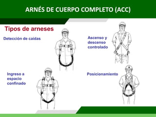 ARNÉS DE CUERPO COMPLETO (ACC)
Tipos de arneses
Detección de caídas
Ingreso a
espacio
confinado
Ascenso y
descenso
controlado
Posicionamiento
 