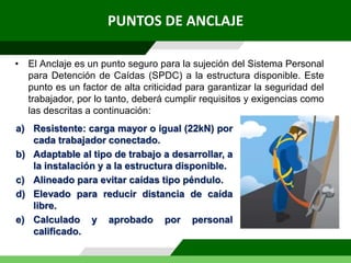 • El Anclaje es un punto seguro para la sujeción del Sistema Personal
para Detención de Caídas (SPDC) a la estructura disponible. Este
punto es un factor de alta criticidad para garantizar la seguridad del
trabajador, por lo tanto, deberá cumplir requisitos y exigencias como
las descritas a continuación:
PUNTOS DE ANCLAJE
a) Resistente: carga mayor o igual (22kN) por
cada trabajador conectado.
b) Adaptable al tipo de trabajo a desarrollar, a
la instalación y a la estructura disponible.
c) Alineado para evitar caídas tipo péndulo.
d) Elevado para reducir distancia de caída
libre.
e) Calculado y aprobado por personal
calificado.
 