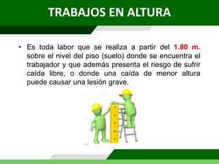 • Es toda labor que se realiza a partir del 1.80 m.
sobre el nivel del piso (suelo) donde se encuentra el
trabajador y que además presenta el riesgo de sufrir
caída libre, o donde una caída de menor altura
puede causar una lesión grave.
TRABAJOS EN ALTURA
 