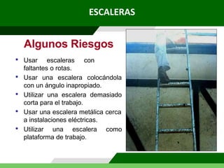 • Usar escaleras con
faltantes o rotas.
• Usar una escalera colocándola
con un ángulo inapropiado.
• Utilizar una escalera demasiado
corta para el trabajo.
• Usar una escalera metálica cerca
a instalaciones eléctricas.
• Utilizar una escalera como
plataforma de trabajo.
Algunos Riesgos
ESCALERAS
 