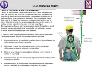 Que causa las caídas.
LA FALTA DE COMUNICACIÓN / ENTRENAMIENTO
La falta de instrucciones – en el idioma adecuado – es la principal razón
para que el equipo sea usado de forma inadecuada o no ser usado. Los
gerentes de seguridad deben verificar las instrucciones ofrecidas con el
equipo y ofrecer un entrenamiento adecuado. Como empleador, puede
determinar la forma del entrenamiento. Lo que es importante es que a
través del entrenamiento, los empleados pueden conocer los peligros de
caída y conocer procedimientos para minimizar los peligros
Es muy importante que los instructores conozcan los peligros en el
lugar de trabajo, cómo eliminar o controlar los peligros y sepan
enseñar a los trabajadores cómo protegerse.
El Instructor debe conocer y tener la capacidad para explicar lo siguiente:
La naturaleza de los peligros de caídas en el lugar de trabajo.
1. Los procedimientos de instalación, mantenimiento y desmontaje de los
sistemas de protección contra caídas
2. Como usar y operar los sistemas de protección contra caídas y
sistemas personales de protección contra caídas
3. El rol de cada trabajador que puede ser afectado por un sistema de
control de seguridad
4. Las restricciones que son aplicados al equipo mecánico usado durante
el trabajo en el techo
5. El procedimiento de manipulación y almacenamiento de materiales y
para la instalación de protecciones contra caída de objetos
 