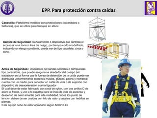 EPP. Para trabajo en alturas
Canastilla: Plataforma metálica con protecciones (barandales o
faldones), que se utiliza para trabajos en altura
Barrera de Seguridad: Señalamiento o dispositivo que controla el
acceso a una zona o área de riesgo, por tiempo corto o indefinido,
indicando un riesgo constante, puede ser de tipo caballete, cinta o
cono.
Arnés de Seguridad.: Dispositivo de bandas sencillas o compuestas
tipo paracaídas, que puede asegurarse alrededor del cuerpo del
trabajador en tal forma que la fuerza de detención de la caída puede ser
distribuida uniformemente sobre los muslos, glúteos, pecho y hombros;
cuenta con un medio para conectar un cable de vida o de sujeción con
dispositivo de desaceleración o amortiguador
El cual debe de estar fabricado con cinta de nylon, con dos anillos D de
acero al frente, y uno a la espalda para la línea de vida de ascenso y
descenso de color amarillo para alta visibilidad, todos los punto de
tencion deben de ser cosidos con hilo de nylon y ajustes con hebillas en
piernas.
Este equipo debe de estar aprobado según ANSI10.45
EPP. Para protección contra caídas
 