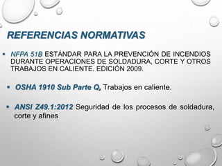  NFPA 51B ESTÁNDAR PARA LA PREVENCIÓN DE INCENDIOS
DURANTE OPERACIONES DE SOLDADURA, CORTE Y OTROS
TRABAJOS EN CALIENTE. EDICIÓN 2009.
REFERENCIAS NORMATIVAS
 OSHA 1910 Sub Parte Q, Trabajos en caliente.
 ANSI Z49.1:2012 Seguridad de los procesos de soldadura,
corte y afines
 