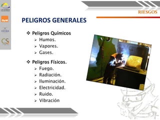 RIESGOS
 Peligros Químicos
 Humos.
 Vapores.
 Gases.
 Peligros Físicos.
 Fuego.
 Radiación.
 Iluminación.
 Electricidad.
 Ruido.
 Vibración
PELIGROS GENERALES
12
 
