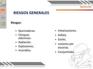 RIESGOS
RIESGOS GENERALES
Riesgos:
 Quemaduras.
 Choques
eléctricos.
 Radiación.
 Explosiones.
 Incendios.
 Intoxicaciones.
 Asfixia
 Estrés.
 Lesiones por
escorias.
 Conjuntivitis.
13
 