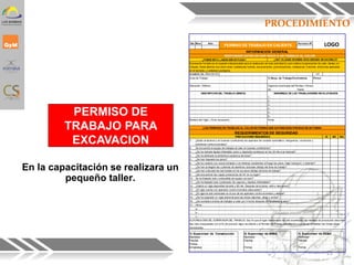 PROCEDIMIENTO
PERMISO DE
TRABAJO PARA
EXCAVACION
En la capacitación se realizara un
pequeño taller.
Dia Mes Año Permiso Nº
RESPONDER ANTES DE DAR INICIO A UN TRABAJO AL CALOR
¿PUEDE ESTA LABOR SER EVITADA? ¿HAY ALGUNA MANERA MÁS SEGURA DE HACERLO?
El presente formato es el requisito indispensable para la realización de toda actividad la cual conlleve la generación de calor, llamas y/o
chispas. Estas labores son estre otras: soldaduras fuertes, excavaciones, pulverizaciones, soldaduras, fusiones, antorchas aplicadas
en el techado, y soldadura autógena.
NOMBRE DEL PROYECTO: OT
Area de Trabajo: 1) Resp. de Trabajo/Contratista: Firma:
Ubicación / Edificio: Vigencia Autorizada del Permiso: (horas)
De: Hasta:
DESCRIPCION DEL TRABAJO (BREVE) NOMBRE(S) DE LOS TRABAJADORES INVOLUCRADOS
1.-
2.-
3.-
4.-
5.-
6.-
Nombre del Vigia: ( Si es necesario) Firma:
¡LOS PERMISOS DE TRABAJOS AL CALOR NO PODRAN SER AUTORIZADOS POR MAS DE UN TURNO!
PRECAUCIONES REQUERIDAS SI NO N/A
1.- ¿Están al alcance y en buenas condiciones los aparatos de rociador automático, mangueras, conductos y
extintores contra incendios?
2.- Se encuentra el equipo de trabajos al calor en buenas condiciones?
3.- ¿Se ha retirado liquido inflamable, polvo y depósitos aceitosos en los 35 mts a la redonda?
4.- ¿Se ha eliminado la atmósfera explosiva del área?
5.- ¿Se han trapeado los pisos?
6.- ¿Se ha cubierto con arena húmeda o con láminas resistentes al fuego los pisos, fajas transport. y tuberías?
7.- ¿Se han protegido las cubiertas de alambres ubicadas debajo del área de trabajo?
8.- ¿Se han colocado las barricadas en los accesos debajo del área de trabajo?
9.- ¿Se encuentran las capas protectoras de UV en su lugar?
10.- Se ha limpiado todo combustible de equipo cercano?
11.- ¿Se ha limpiado todo contenedor de vapores y líquidos inflamables?
12.- ¿Habrá un vigía disponible durante y 60 min. Después de la tarea, café y descanso?
13.- ¿El vigía cuenta con aparatos contra incendios adecuados?
14.- ¿El vigía ha sido entrenado en el uso de los aparatos contra incendios y alarma?
15.- ¿Se ha asignado un vígia adicional para las áreas adjuntas, abajo y arriba?
16.- ¿Se sondeara el área de trabajos a calor por 4 horas después de terminada la labor?
17.- Otros
a.-
b.-
c.-
AUTORIZACION DEL SUPERVISOR DEL TRABAJO: Doy fe que el lugar mencionado ha sido examinado, las medidas de precaución descritas
han sido chequeadas con el fin de prevenir algun accidente y el Permiso de Trabajo sea efectivo cuando se completen las firmas abajo
necesitadas.
PERMISO DE TRABAJO EN CALIENTE
INFORMACION GENERAL
REQUERIMIENTOS DE SEGURIDAD
1) Supervisor de Construcción
Nombre:
Fecha:
Firma:
Empresa:
2) Supervisor de AREA
Nombre:
Fecha:
Firma:
LOGO
2) Supervisor de ES&H
Nombre:
Fecha:
Firma:
23
 