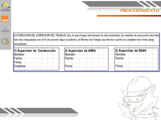 PROCEDIMIENTO
AUTORIZACION DEL SUPERVISOR DEL TRABAJO: Doy fe que el lugar mencionado ha sido examinado, las medidas de precaución descritas
han sido chequeadas con el fin de prevenir algun accidente y el Permiso de Trabajo sea efectivo cuando se completen las firmas abajo
necesitadas.
1) Supervisor de Construcción
Nombre:
Fecha:
Firma:
Empresa:
2) Supervisor de AREA
Nombre:
Fecha:
Firma:
2) Supervisor de ES&H
Nombre:
Fecha:
Firma:
26
 