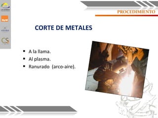 PROCEDIMIENTO
CORTE DE METALES
 A la llama.
 Al plasma.
 Ranurado (arco-aire).
27
 