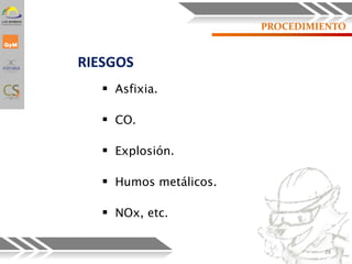 PROCEDIMIENTO
RIESGOS
 Asfixia.
 CO.
 Explosión.
 Humos metálicos.
 NOx, etc.
28
 