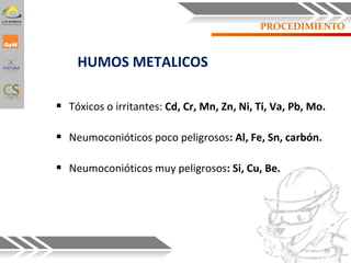 PROCEDIMIENTO
HUMOS METALICOS
 Tóxicos o irritantes: Cd, Cr, Mn, Zn, Ni, Ti, Va, Pb, Mo.
 Neumoconióticos poco peligrosos: Al, Fe, Sn, carbón.
 Neumoconióticos muy peligrosos: Si, Cu, Be.
29
 