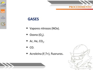 PROCEDIMIENTO
GASES
 Vapores nitrosos (NOx).
 Ozono (O3).
 Ar, He, CO2.
 CO.
 Acroleína (F,T+), fluoruros.
30
 
