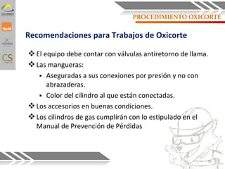 PROCEDIMIENTO OXICORTE
El equipo debe contar con válvulas antiretorno de llama.
Las mangueras:
 Aseguradas a sus conexiones por presión y no con
abrazaderas.
 Color del cilindro al que están conectadas.
Los accesorios en buenas condiciones.
Los cilindros de gas cumplirán con lo estipulado en el
Manual de Prevención de Pérdidas
Recomendaciones para Trabajos de Oxicorte
33
 