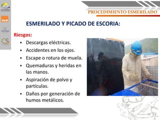 PROCEDIMIENTO ESMERILADO
ESMERILADO Y PICADO DE ESCORIA:
Riesgos:
 Descargas eléctricas.
 Accidentes en los ojos.
 Escape o rotura de muela.
 Quemaduras y heridas en
las manos.
 Aspiración de polvo y
partículas.
 Daños por generación de
humos metálicos.
34
 