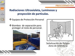 PROCEDIMIENTO
Equipos de Protección Personal
Biombos de separación para
proteger al resto de personal.
Radiaciones Ultravioleta, Luminosas y
proyección de partículas.
Señalización de Peligro
Zona de Soldadura
37
 