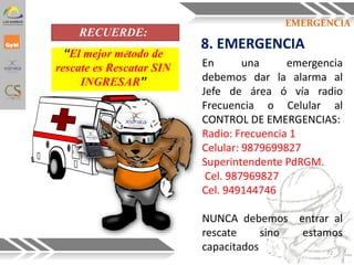 En una emergencia
debemos dar la alarma al
Jefe de área ó vía radio
Frecuencia o Celular al
CONTROL DE EMERGENCIAS:
Radio: Frecuencia 1
Celular: 9879699827
Superintendente PdRGM.
Cel. 987969827
Cel. 949144746
NUNCA debemos entrar al
rescate sino estamos
capacitados
8. EMERGENCIA
RECUERDE:
“El mejor método de
rescate es Rescatar SIN
INGRESAR”
EMERGENCIA
72
 