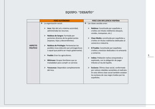 5
PERÚ AUTÓNOMO PERÚ CON INFLUENCIA HISPÁNA
ASPECTO
POLÍTICO
 La organización social:
 Inca: Hijo del sol y máxima autoridad,
administraba los recursos.
 Nobleza de Sangre: Formada por
parientes directos de los gobernantes
(esposos, hijos y descendientes).
 Nobleza de Privilegio: Pertenecían los
posibles incas (elección por primogenitura
o aquel que podría ser mejor gobernante).
 Pueblo: Eran los agricultores.
 Mitimaes: Grupos familiares que se
trasladaban para cumplir un servicio.
 Yanaconas: Dependían completamente
del inca.
 Las clases sociales eran:
 Nobleza: Constituida por españoles y
criollos con títulos nobiliarios (duques,
condes, marqueses, etc.)
 Clase Media: constituida por españoles y
criollos sin títulos nobiliarios dedicados al
comercio e industria.
 El Pueblo: Constituido por españoles
criollos y mestizos dedicados a la artesanía
y comercio.
 Indios: Población nativa conquistada y
explotada, con la obligación de pagar
tributos al rey de España.
 Esclavos: Última clase social, conformada
por nativos rebeldes sometidos al maltrato.
En esta última clase social también estaban
los esclavos de raza negra traídos por los
españoles.
EQUIPO: “DESAFÍO”
 