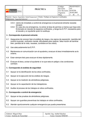 PRÁCTICA
Código:
Revisión:
Ult. Revisión:
Vigencia:
Hoja
PRAHYS02011
4.0
02/02/06
30.04.2003
1 de 8
Proceso: Higiene, Seguridad y Salud Ocupacional
Subproceso: Seguridad Industrial
Titulo: Trabajo en Espacios Confinados
3.5.5 Llame de inmediato a control de emergencia si el personal entrante necesita
escapar.
3.5.6 En caso de una emergencia, no entrar al área de permiso a menos que haya sido
Entrenado en rescate de espacios confinados, y tenga los E.P.P. necesarios para
el rescate y un ayudante quien lo sustituya.
4-. Corresponde al personal entrante:
4.1 Asegurarse de conocer bien el análisis de riesgo y los signos de exposición (perdida del
control muscular, confusión mental, dificultades para respirar, falsa noción de sentirse
bien, perdida de la vista, nauseas, zumbidos en los oídos).
4.2 Use adecuadamente los E.P.P.
4.3 Mantenerse en comunicación con el ayudante y evacuar el área inmediatamente se le
ordene.
4.4 Estar siempre listo para evacuar el área rápidamente.
4.5 Evacuar el área y avisar al ayudante si ve que esta en peligro o las condiciones
cambian.
5.- Corresponde al analista de seguridad:
5.1 Apoyar en la identificación de los sitios confinados.
5.2 Apoyar en la ejecución de los análisis de riesgos.
5.3 Apoyar en la medición de atmósferas peligrosas.
5.4 Apoyar en la capacitación de los trabajadores.
5.5 Auditar el proceso de los trabajos en sitios confinados.
6-. Corresponde a control de emergencia:
6.1 Apoyar en las pruebas de atmósferas peligrosas.
6.2 Apoyar con guardias preventivas los trabajos en sitios confinados.
6.3 Atender oportunamente cualquier emergencia que pueda presentarse.
Elaboró: Miguel Díaz Aprobó: Ing. Aníbal Sánchez
Cargo: Analista de Seguridad Cargo: Gerente HISESO
 