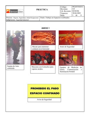 PRÁCTICA
Código:
Revisión:
Ult. Revisión:
Vigencia:
Hoja
PRAHYS02011
4.0
02/02/06
30.04.2003
1 de 8
Proceso: Higiene, Seguridad y Salud Ocupacional
Subproceso: Seguridad Industrial
Titulo: Trabajo en Espacios Confinados
ANEXO 1
Mecate para mantener
contacto en el personal
Arnés de Seguridad
Mascaras con Cartuchos para
vapores ácidos.
Equipos de Medición de
Gases, Comunicación e
Iluminación Portátil
Equipo de Auto
contenido
Aviso de Seguridad
 