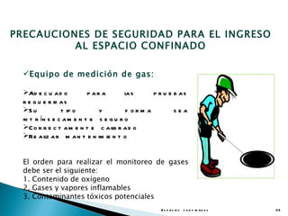 PRECAUCIONES DE SEGURIDAD PARA EL INGRESO
          AL ESPACIO CONFINADO

  Equipo de medición de gas:

  Ad e c u a d o          p ar a       l s
                                        a       p r u e b as
  r e q u e r id a s
  S u           t ip o        y        f orm a         sea
  in t r ín s e c a m e n t e s e g u r o
  C o r r e c t a m e n t e c a l r a d o
                                   ib
  Re a l a r m a n t e n im ie n t o
           iz


  El orden para realizar el monitoreo de gases
  debe ser el siguiente:
  1. Contenido de oxígeno
  2. Gases y vapores inflamables
  3. Contaminantes tóxicos potenciales
                                                  E s p a c io s c o n f in a d o s   35
 