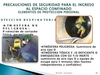 PRECAUCIONES DE SEGURIDAD PARA EL INGRESO
           AL ESPACIO CONFINADO
                ELEMENTOS DE PROTECCION PERSONAL

O TE CCI O N          R E S P I R A TO R I A :

 •A T M O S F E R A N O
 P E L I G R O S A :
 P r ot ec c i ón d e c a r t u c h o
 f i l t r o, g a r a n t i z a n d o
 v en t i l a c i ón


                                        •ATMÓSFERA PELIGROSA: Suministro de
                                        aire tipo D
                                        •ATMÓSFERA TÓXICA Y /O DEFICIENTE O
                                        ENRIQUECIDA CON O2 Y/O INERTE :
                                        suministro de aire tipo D y equipo de
                                        escape para 5 minutos (dos fuentes
                                        independientes y confiables)


                                                 E s p a c io s c o n f in a d o s   39
 