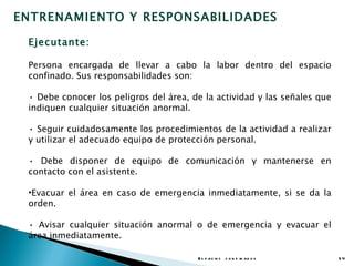 ENTRENAMIENTO Y RESPONSABILIDADES

 Ejecutante:

 Persona encargada de llevar a cabo la labor dentro del espacio
 confinado. Sus responsabilidades son:

 • Debe conocer los peligros del área, de la actividad y las señales que
 indiquen cualquier situación anormal.

 • Seguir cuidadosamente los procedimientos de la actividad a realizar
 y utilizar el adecuado equipo de protección personal.

 • Debe disponer de equipo de comunicación y mantenerse en
 contacto con el asistente.

 •Evacuar el área en caso de emergencia inmediatamente, si se da la
 orden.

 • Avisar cualquier situación anormal o de emergencia y evacuar el
 área inmediatamente.

                                        E s p a c io s c o n f in a d o s   54
 