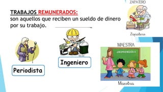 TRABAJOS REMUNERADOS:
son aquellos que reciben un sueldo de dinero
por su trabajo.
 