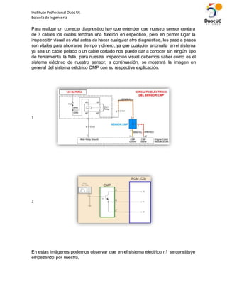 InstitutoProfesional DuocUc
Escuelade Ingeniería
Para realizar un correcto diagnostico hay que entender que nuestro sensor contara
de 3 cables los cuales tendrán una función en específico, pero en primer lugar la
inspección visual es vital antes de hacer cualquier otro diagnóstico, los paso a pasos
son vitales para ahorrarse tiempo y dinero, ya que cualquier anomalía en el sistema
ya sea un cable pelado o un cable cortado nos puede dar a conocer sin ningún tipo
de herramienta la falla, para nuestra inspección visual debemos saber cómo es el
sistema eléctrico de nuestro sensor, a continuación, se mostrará la imagen en
general del sistema eléctrico CMP con su respectiva explicación.
1
2
En estas imágenes podemos observar que en el sistema eléctrico n1 se constituye
empezando por nuestra,
 