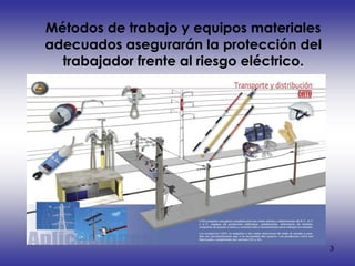 Métodos de trabajo y equipos materiales
adecuados asegurarán la protección del
  trabajador frente al riesgo eléctrico.




                                           3
 