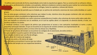 Consiste en un tribunal de peristilo que es lindado por un pórtico de veintiocho columnas de mono estilo divididas en cuatro
grupos.
Dos de estos grupos contienen ocho columnas que rodean la sala, mientras otros dos grupos contienen sólo seis columnas
que descansan sobre una plataforma ligeramente elevada.
Hay también una sala hipóstila con cuatro columnas campaniforme al medio y dos columnas de mono estilo sobre cada sitio.
Esta sala hipóstila se comunica con un vestíbulo, en el cual las capillas abren a la izquierda a la derecha donde, al este, una
escalera conduce a la azotea.
El vestíbulo conduce a una especie de pórtico que proporciona el acceso a tres santuarios localizados al norte y cuatro
pequeños santuarios laterales. El que se encuentra en la esquina de noreste contiene una representación de
Osiris muerto que descansa sobre un trono entre las diosas Isis y Nephthys.
Al frente de los pilones del templo se encuentran los vestigios de el columnario, de estilo similar a
los que preceden la puerta superior del tempo de Amun.
Esta rodeada al exterior por una fila de esfinges.
El pilón mide 34.5 metros de longitud,
7 metros de ancho y 18 metros de largo.
En su fachada se encuentran 4 surcos que nos indican
los mástiles del templo con sus respectivas banderas.
El edificio está construido de forma arquitrabada como toda la arquitectura egipcia. Para su construcción se utilizaron sillares
de roca caliza, perfectamente cortados y encuadrados, debieron emplearse canteros expertos para realizar las numerosas tallas,
desde la avenida de los esfinges, hasta los capiteles y relieves del interior.
 