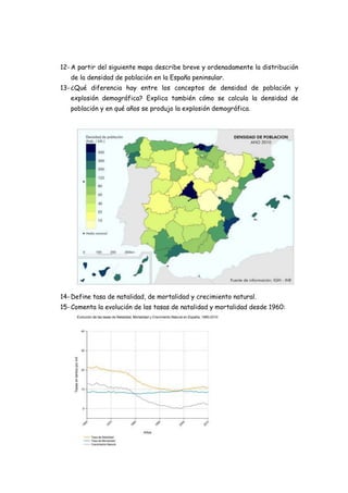 12- A partir del siguiente mapa describe breve y ordenadamente la distribución
   de la densidad de población en la España peninsular.
13- ¿Qué diferencia hay entre los conceptos de densidad de población y
   explosión demográfica? Explica también cómo se calcula la densidad de
   población y en qué años se produjo la explosión demográfica.




14- Define tasa de natalidad, de mortalidad y crecimiento natural.
15- Comenta la evolución de las tasas de natalidad y mortalidad desde 1960:
 