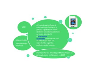 AVI admite varios flujos de
         AVI       datos de audio, lo que en la
                   práctica significa que puede
                   contener varias bandas sonoras
                   en varios idiomas. Es
                   el reproductor
                   multimedia quien decide cuál
siglas en inglés   de estos flujos debe ser
 de Audio Video    reproducido, según las
Interleave         preferencias del usuario.



                   El formato AVI fue definido por Microsoft para su
                   tecnología Video for Windows en 1992
 