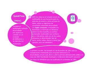 QuickTime               MOV de vídeo es el formato común de
                        multimedia de uso frecuente para las
  (mov.)                películas de ahorro y otros archivos de
                        vídeo, utiliza un algoritmo de
 framework              compresión patentada desarrollada
multimedia estándar     por Apple Computer, compatible con
desarrollado            Macintosh y el formato de Windows
por Apple que           platforms.The especifica un archivo
consiste en un          contenedor multimedia que contiene
conjunto                una o más pistas, cada una de las cuales
de bibliotecas y        almacena un determinado tipo de
un reproductor          datos: audio, video, efectos o texto (por
                        ejemplo, para los subtítulos).
multimedia


                      La primera versión fue lanzada el 2 de diciembre de 1991 com un
                      complemento multimedia para el System Software 6. El
                      desarrollador, Bruce Leak, llevó a cabo la primera demostración pública en
                      mayo de 1991 Worldwide Developers Conference.Microsoft reacciono
                      con Video for Windows que fue publicada en noviembre de 1992.
 