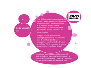 DVD             *Los DVD de capa simple puede guardar
                     hasta 4,7 gigabytessegún los fabricantes
                     en base decimal, y aproximadamente
                     4,38 gigabytes en base binaria
Digital Versatile    o gibibytes (se lo conoce como DVD-
                     5), alrededor de siete veces más que
Disc
                     un CD estándar.
                     *Emplea un láser de lectura con
                     unalongitud de onda de 650 nm (en el
                     caso de los CD, es de 780 nm) y
                     una apertura numérica de 0,6 (frente a
                     los 0,45 del CD), la resolución de lectura
                     se incrementa en un factor de 1,65



                    El resultado fue la creación del Consorcio del
                    DVD, fundada por las compañías anteriores, y la
                    especificación de la versión 1.5 del DVD, anunciada
                    en 1995 y finalizada en septiembre de 1996
 