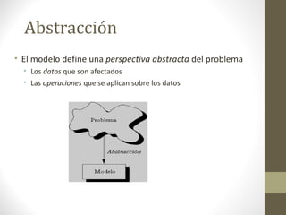Abstracción 
• El modelo define una perspectiva abstracta del problema 
• Los datos que son afectados 
• Las operaciones que se aplican sobre los datos 
 