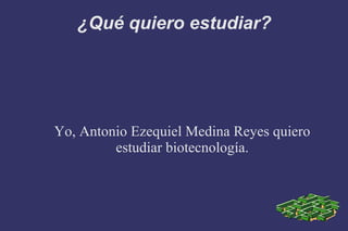 ¿Qué quiero estudiar?




Yo, Antonio Ezequiel Medina Reyes quiero
         estudiar biotecnología.
 
