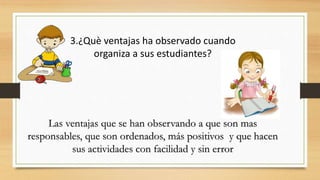 3.¿Què ventajas ha observado cuando
organiza a sus estudiantes?
Las ventajas que se han observando a que son mas
responsables, que son ordenados, más positivos y que hacen
sus actividades con facilidad y sin error
 