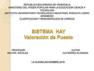 PROFESOR:
ARCAYA NICOLÀS
AUTOR:
GUTIÈRREZ ALONDRA
REPUBLICA BOLVARIANA DE VENEZUELA
MINISTERIO DEL PODER POPULAR PARA LA EDUCACION CIENCIA Y
TECNOLIGÌA
INSTITUTO UNIVERSITARIO TECNOLOGICO INDUSTRIAL RODOLFO LOERO
ARISMENDI
CLASIFICACION Y REMUNERACION DE CARGOS
LA GUAIRA,NOVIEMBRE,2016
 
