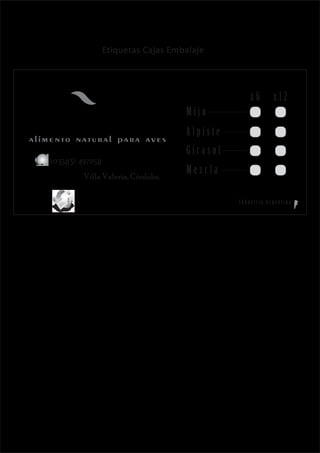 Etiquetas Cajas Embalaje




                                                      x6      x12
                                        Mijo
                                        Alpiste
alimento natural para aves
                                        Girasol
    (03583) 497058
             Villa Valeria, Córdoba.
                                        Mezcla

             graingold@hotmail.com                Industria Argentina
 