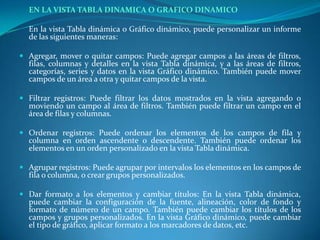 EN LA VISTA TABLA DINAMICA O GRAFICO DINAMICO	En la vista Tabla dinámica o Gráfico dinámico, puede personalizar un informe de las siguientes maneras:Agregar, mover o quitar campos: Puede agregar campos a las áreas de filtros, filas, columnas y detalles en la vista Tabla dinámica, y a las áreas de filtros, categorías, series y datos en la vista Gráfico dinámico. También puede mover campos de un área a otra y quitar campos de la vista.Filtrar registros: Puede filtrar los datos mostrados en la vista agregando o moviendo un campo al área de filtros. También puede filtrar un campo en el área de filas y columnas.Ordenar registros: Puede ordenar los elementos de los campos de fila y columna en orden ascendente o descendente. También puede ordenar los elementos en un orden personalizado en la vista Tabla dinámica.Agrupar registros: Puede agrupar por intervalos los elementos en los campos de fila o columna, o crear grupos personalizados.Dar formato a los elementos y cambiar títulos: En la vista Tabla dinámica, puede cambiar la configuración de la fuente, alineación, color de fondo y formato de número de un campo. También puede cambiar los títulos de los campos y grupos personalizados. En la vista Gráfico dinámico, puede cambiar el tipo de gráfico, aplicar formato a los marcadores de datos, etc. 