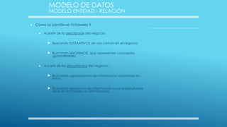 MODELO DE DATOS

MODELO ENTIDAD - RELACIÓN


Cómo se identifican Entidades ?


A partir de la descripción del negocio:

 Buscando SUSTANTIVOS de uso común en el negocio.
 Buscando SINÓNIMOS, que representen conceptos
generalizables.



A partir de los documentos del negocio:

 Buscando agrupaciones de información contenida en
éstos.

 Buscando elementos de información cuyo origen puede
estar en entidades no identificadas.

 