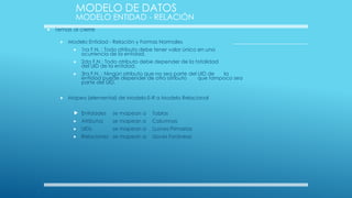 MODELO DE DATOS

MODELO ENTIDAD - RELACIÓN


Temas al cierre


Modelo Entidad - Relación y Formas Normales



2da F.N.: Todo atributo debe depender de la totalidad
del UID de la entidad.





1ra F.N. : Todo atributo debe tener valor único en una
ocurrencia de la entidad.

3ra F.N. : Ningún atributo que no sea parte del UID de
la
entidad puede depender de otro atributo
que tampoco sea
parte del UID.

Mapeo (elemental) de Modelo E-R a Modelo Relacional

 Entidades

se mapean a

Tablas



Atributos

se mapean a

Columnas



UIDs

se mapean a

LLaves Primarias



Relaciones se mapean a

Llaves Foráneas

 