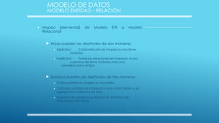 MODELO DE DATOS

MODELO ENTIDAD - RELACIÓN



Mapeo (elemental)
Relacional

de

Modelo

E-R

a

Modelo

 Arcos pueden ser diseñados de dos maneras:




Explícitos:
Cada relación se mapea a una llave
foránea.
Implícitos:
Todas las relaciones se mapean a una
columna de llave foránea más una
bandera para el tipo.

 Subtipos pueden ser diseñados de tres maneras:





Cada subtipo se mapea a una tabla.
Todos los subtipos se mapean a una única tabla, y se
agrega una columna de tipo.
El diseño de subtipos se rehace en términos de
relaciones con arcos.

 