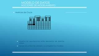 MODELO DE DATOS

NOCIONES DE MODELAMIENTO


Matrices de Cruce



Muestra las asociaciones entre elementos de distintas
clases.



Ayuda al control de calidad y a completar los modelos.

 